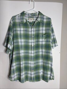 Weatherproof Vintage Linen Casual Green Plaid Short-Sleeve Button-Up Shirt XL